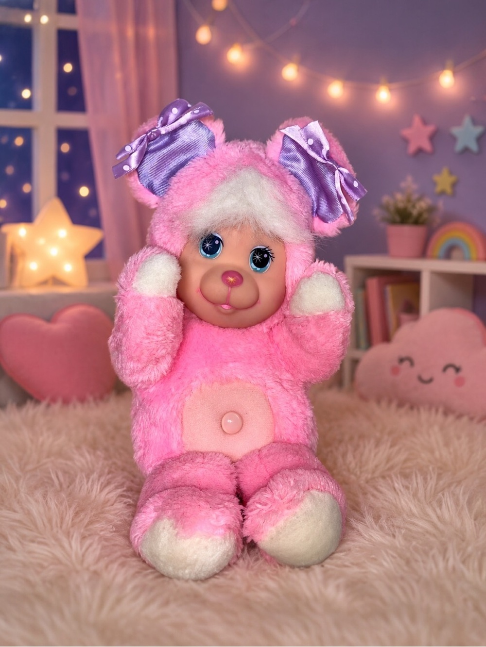 Magic Nursery Kitty pink plush doll 1990 vintage 12" purple bows Mattel